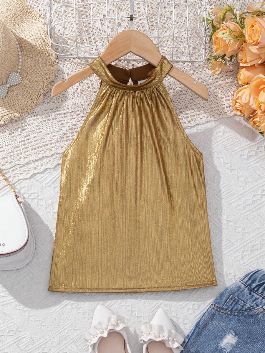SHEIN Tween Girl Casual Vacation Metal Texture Halter Neck Shirt - Gold - View 1