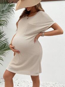 SHEIN Maternity Round Neck Batwing Short Sleeve Solid Color Dress - Apricot - View 1