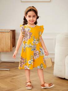 SHEIN Leap Crew 少女清新花卉图案圆领荷叶袖A字梭织连衣裙 - 黃色 - 查看 3