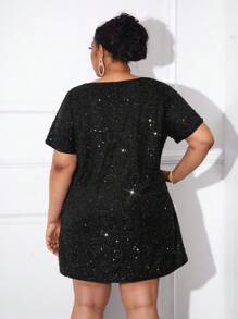 SHEIN CURVE+ Plus Size Elegant Party Sequin Short Dress - Black - View 2