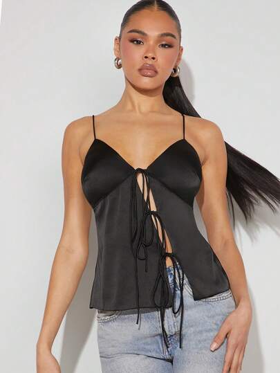 Denimoi Top de satén asimétrico con lazo delantero negro para mujer, top sexy para salir, top de tirantes para fiesta, concierto country, festival rave, ropa de club