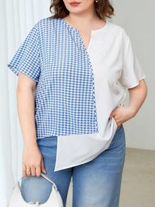 SHEIN Essnce 大尺碼格紋拼接下擺不對稱領口襯衫,帶缺口領口 - 彩色 - 查看 4