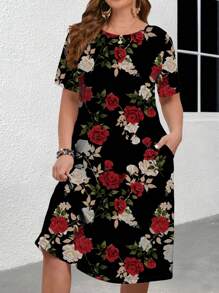 EMERY ROSE Đầm ôm tay ngắn in hoa hồng thanh lịch cỡ lớn cho nữ mùa hè - màu đen - Xem 5