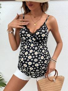 SHEIN Maternity Daisy Print Lace Trim Cami Top
