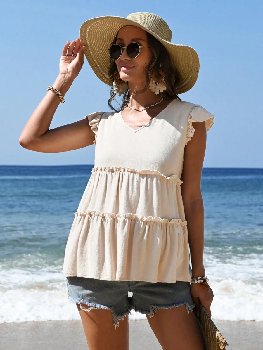 SHEIN Maternity Vacation V-Neck Ruffle Trim Blouse - Apricot - View 1