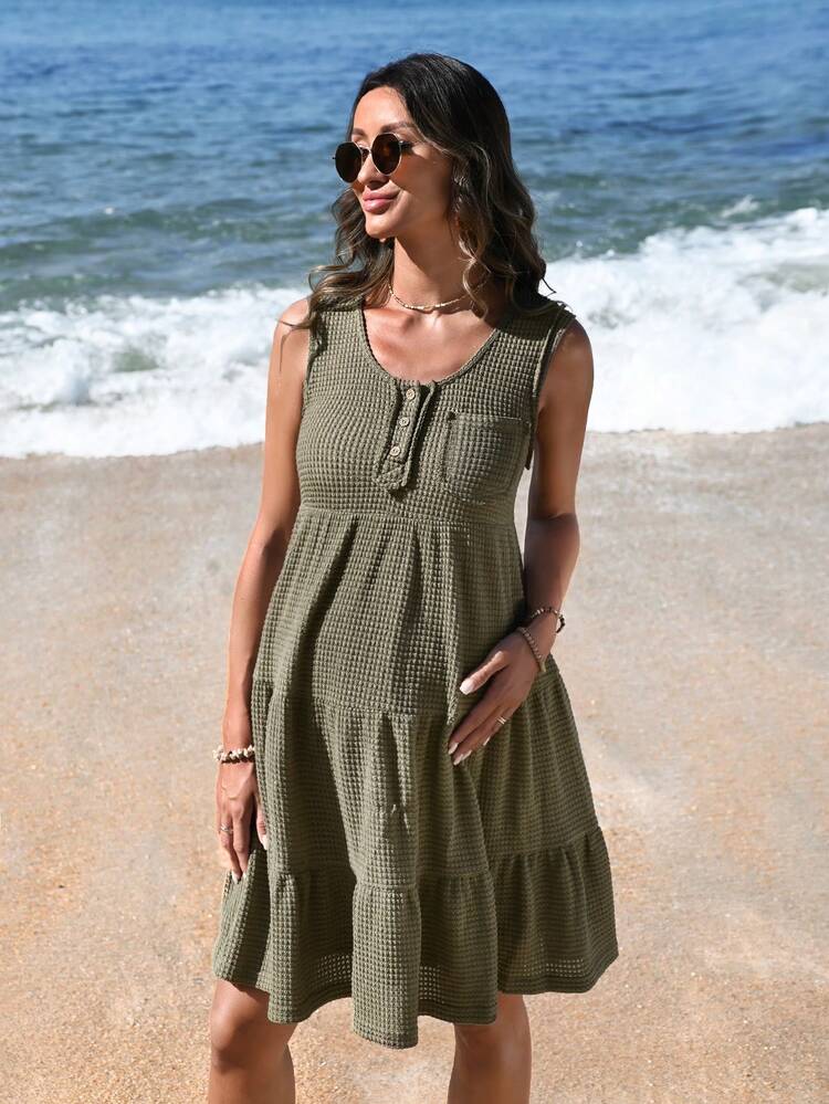 Maternity Textured Dress With Ruffle Hem And Patch Pockets