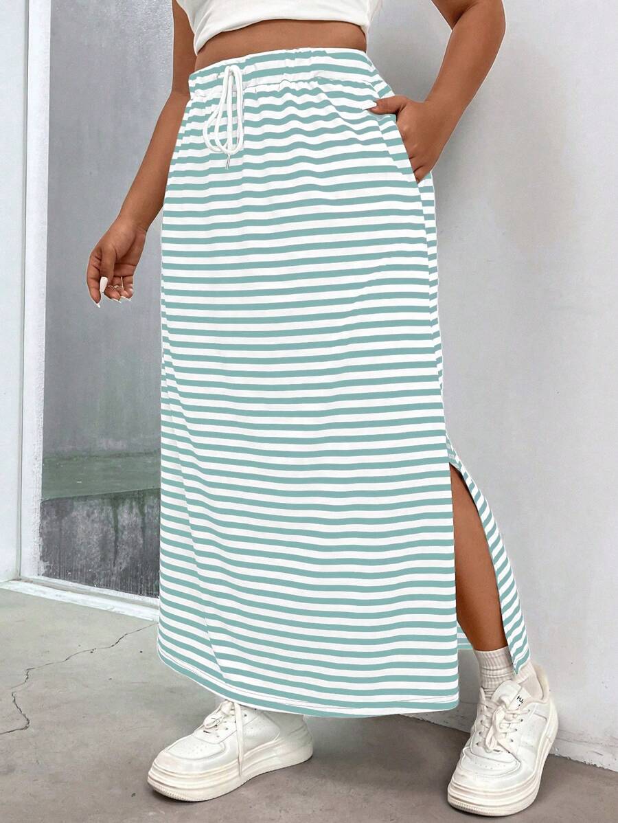 Flirla Plus Size Striped Drawstring Waist Side Slit A-Line Skirt With Diagonal Pockets - Blue and White - View 1