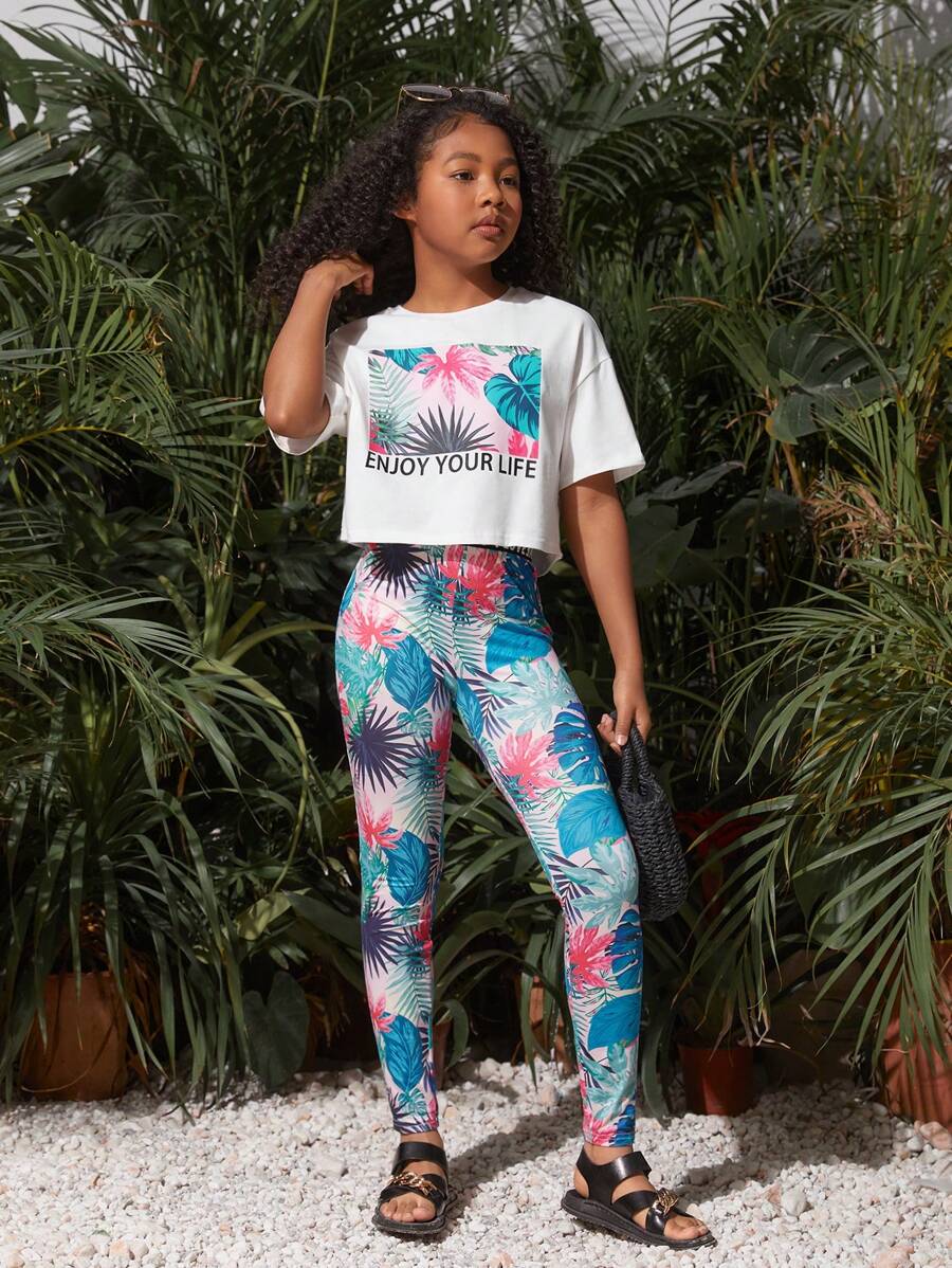 SHEIN Tween Girls'日常休閒熱帶印花圓領短袖上衣和長褲套裝 - 彩色 - 查看 1