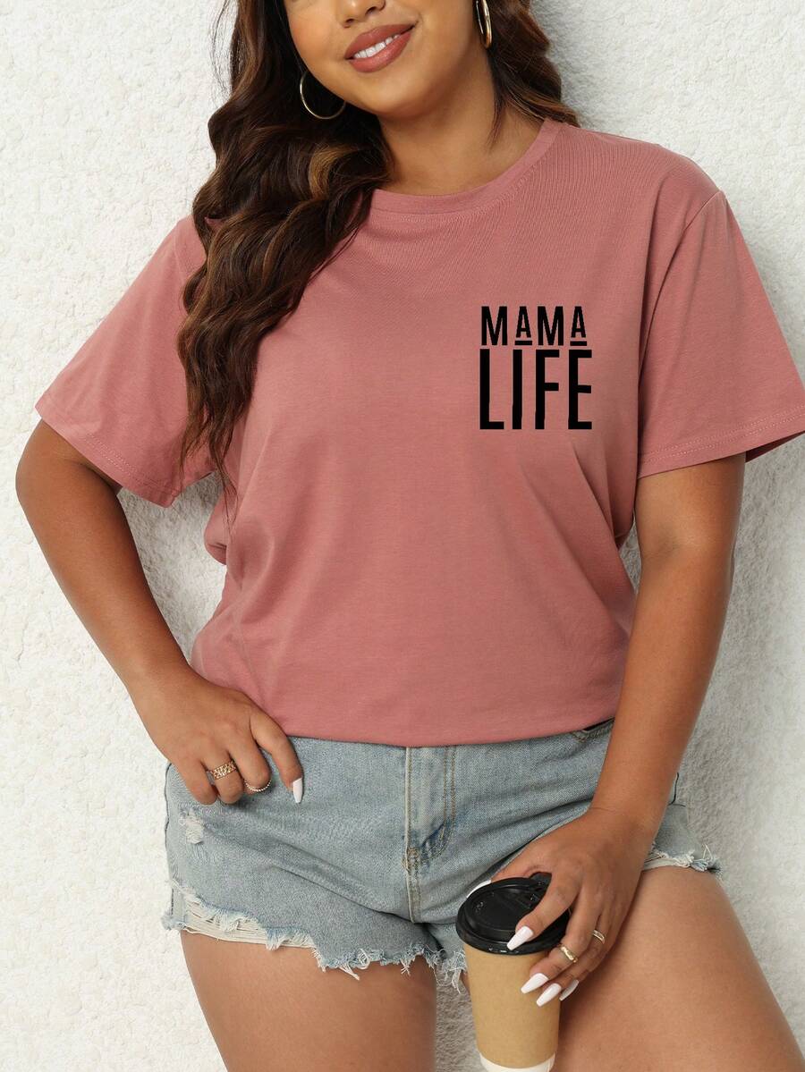 SHEIN Essnce Kích thước lớn Của phụ nữ Lá thư In Ngắn tay Thường xuyên Áo thun - Gỗ đỏ - Xem 1