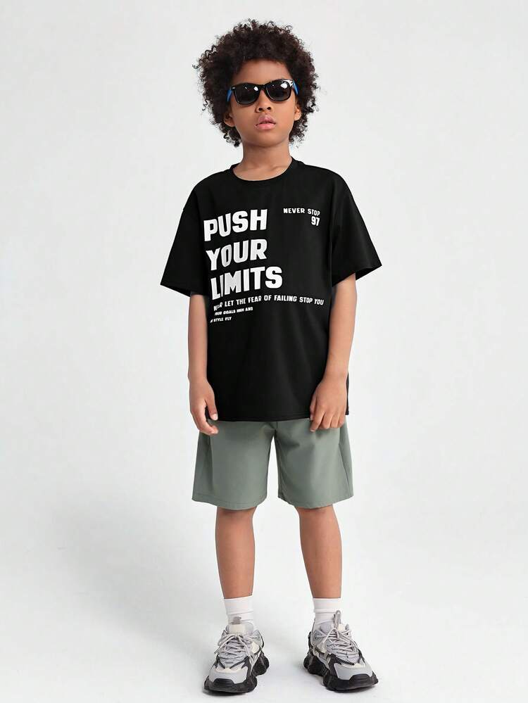 Tween Boy Knit Slogan Print Oversized Short Sleeve T-Shirt With Slanted Pocket And Shorts Casual 2pcs/Set