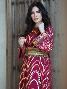 Al Najma Women'S Arabian Back Tie Plant Printed Dress, Evening Modest Jalabiya