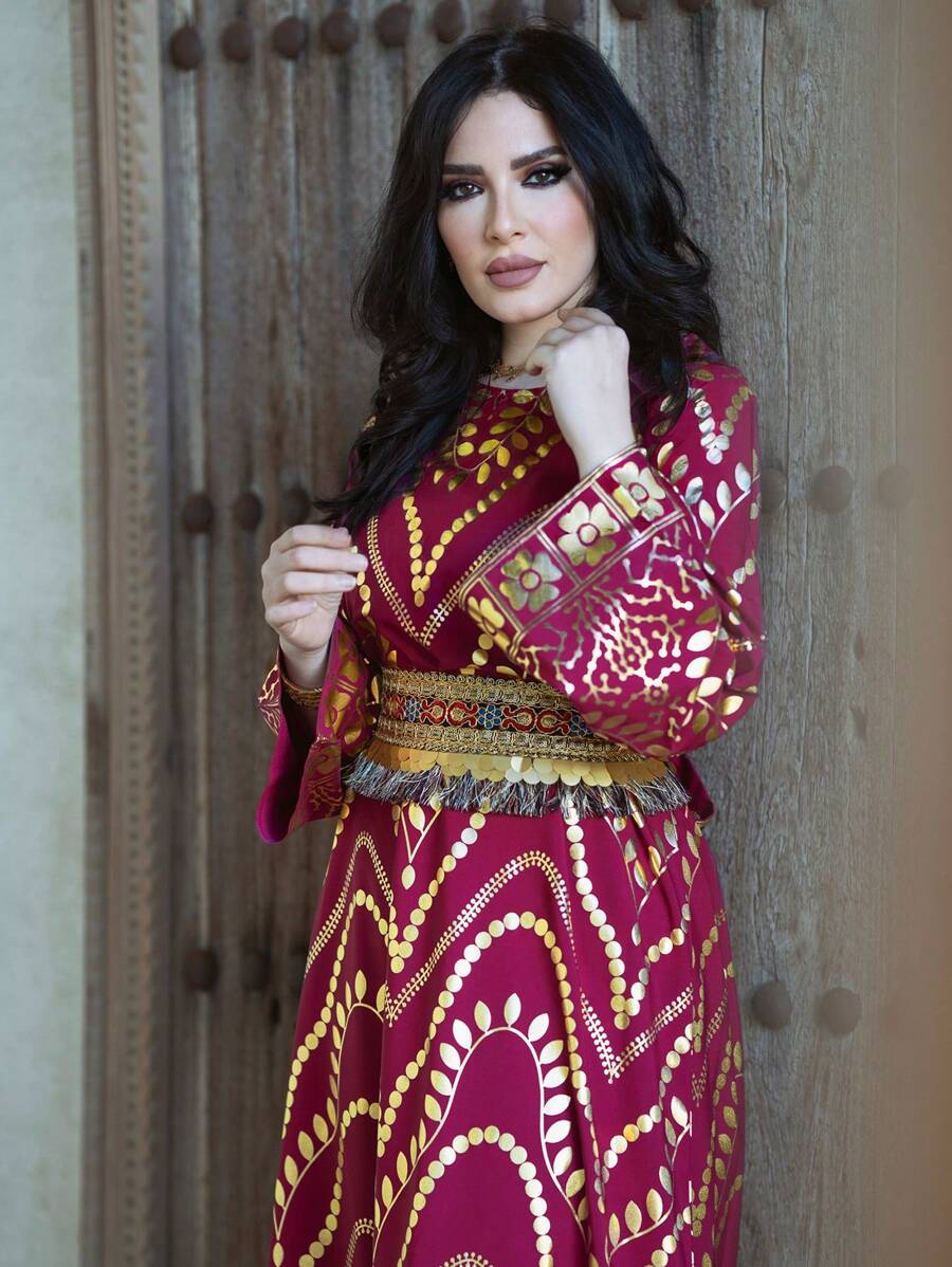 Al Najma Women'S Arabian Back Tie Plant Printed Dress, Evening Modest Jalabiya