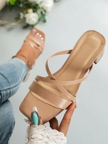 Giày sandal đế bệt nữ, màu mơ, cao gót dày, quai ngang mắt cá chân và hở ngón, giày da PU thanh lịch, trang phục mùa xuân hè. - Màu be - Xem 2