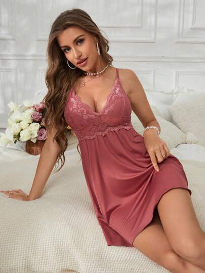 Spliced Kanten Cami Sleep Dress Pajama