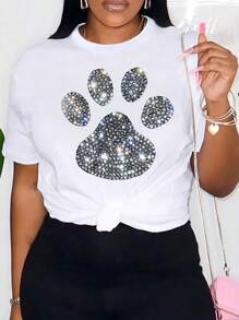 SHEIN LUNE Plus Size Animal Paw Print Printed Short Sleeve T-Shirt - White - View 1