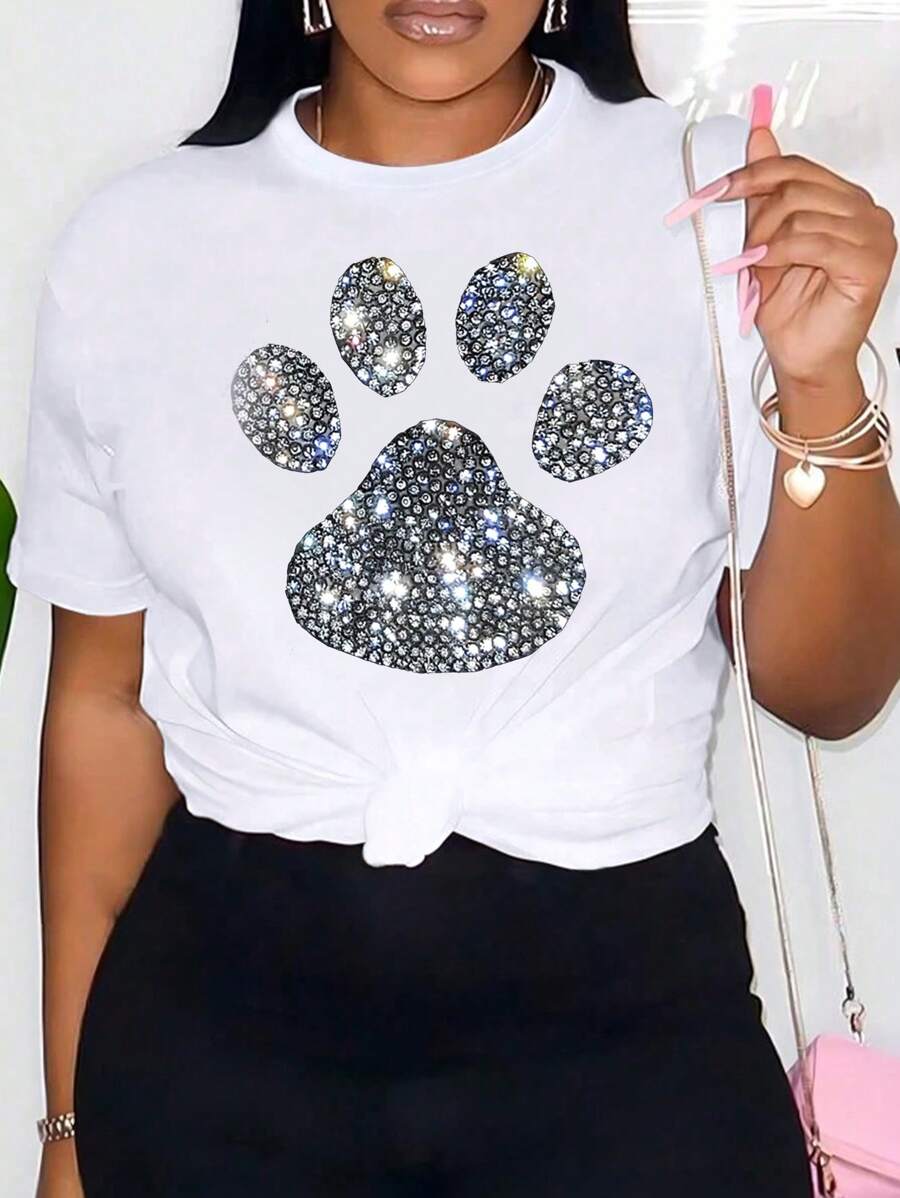 SHEIN LUNE Plus Size Animal Paw Print Printed Short Sleeve T-Shirt - White - View 1