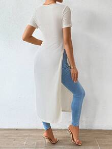 SHEIN Essnce Của phụ nữ Ngắn tay Viền chia cắt Áo thun Với Thiên nga Đường viền cổ áo - Màu be - Xem 2