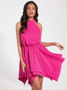 Forever 21 Của phụ nữ Màu thuần Viền không đối xứng Halter Neck Váy không tay - Màu Hồng Tươi - Xem 3