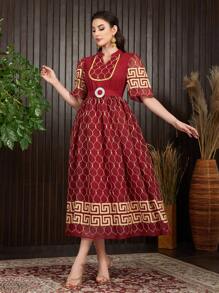 Al Najma 女士全印花缺口领系带阿拉伯风格晚礼服，优雅晚会礼服 - 紅色 - 查看 4