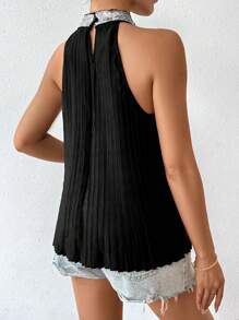 Chiquease Sequin Patchwork Stand Collar Pleated Halter Neck Blouse - Black - View 2