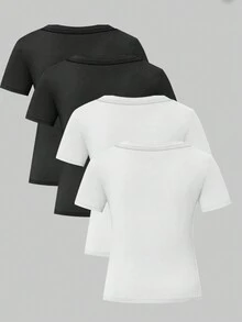 4 chiếc áo thun cổ tròn tay ngắn màu trơn đa năng thường ngày - Đen và trắng - Xem 2