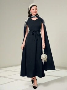 Al Najma 優雅的土耳其長洋裝,鑲嵌鉆石裝飾,阿拉伯傳統服裝 - 藏蓝色 - 查看 5