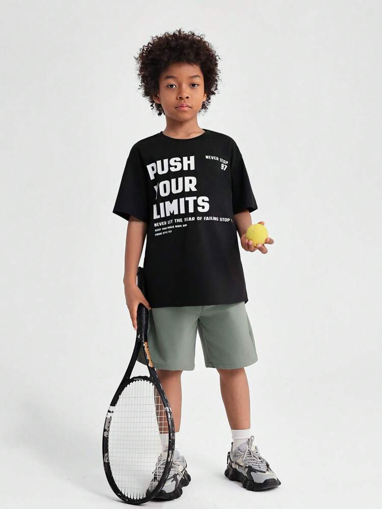 Tween Boy Knit Slogan Print Oversized Short Sleeve T-Shirt With Slanted Pocket And Shorts Casual 2pcs/Set