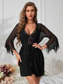 Bộ đồ ngủ lưới ren màu tương phản - màu đen - Xem 3