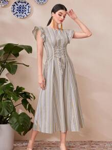 Mulvari 女士條紋十字交叉系腰洋裝 - 彩色 - 查看 4