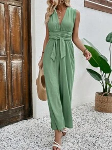 Breezaya 純色v領腰帶鬆緊寬腿連身褲 - 綠色 - 查看 4