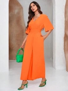 GENKIRA Solid Color V-Neck Wide Leg Jumpsuit With Elastic Waist - Orange - View 3