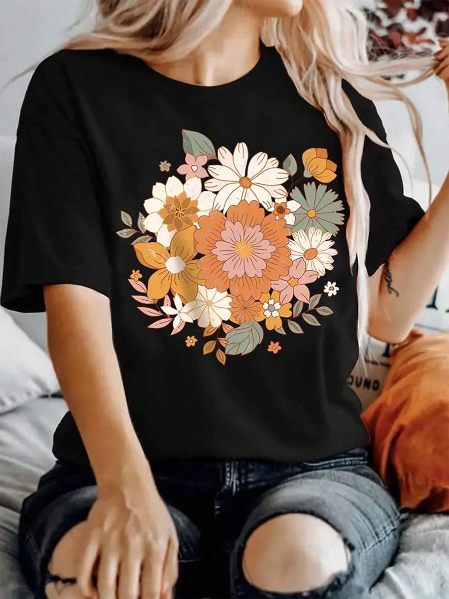 In Hoa Vòng cổ Lầy lội Áo thun - màu đen - Xem 1