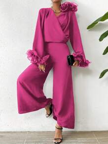 Chiquease 2pcs/Set Top And Wide Leg Pants With 3d Floral Decoration