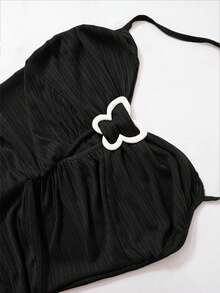 1pc Fashionable Casual Women's Pleated Halter Neck Belted Dress - Black - View 4
