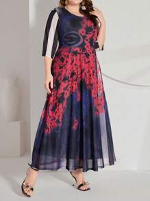Lacomfia Vestido De Talla Grande Con Cuello Redondo Y Superposición De Malla Con Patrón - Multicolor - Ver 3