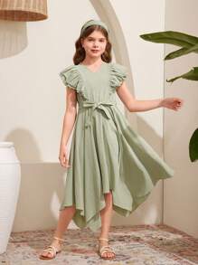 SHEIN Tween Girls' Casual And Daily Wear Spring/Summer Solid Color Woven V-Neck Long Dress With Ruffle Hem