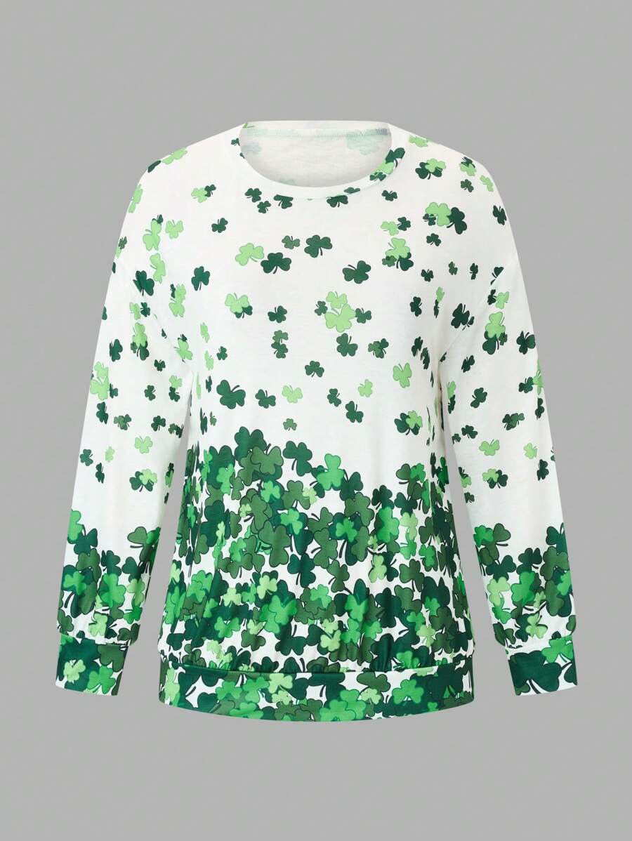SHEIN LUNE Plus Size Lucky Clover Printed Sweatshirt Pullover Fall Outfit