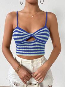 SHEIN Unity Camiseta De Manga Corta De Punto Con Diseño De Rayas, Nudos Y Huecos En El Pecho - Multicolor - Ver 3