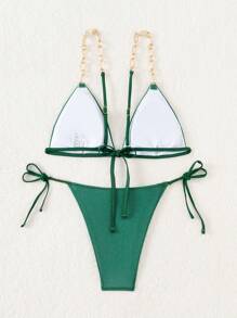 SHEIN Swim 女式链条绑带后背结饰分体比基尼套装夏季海滩 - 墨綠色 - 查看 4