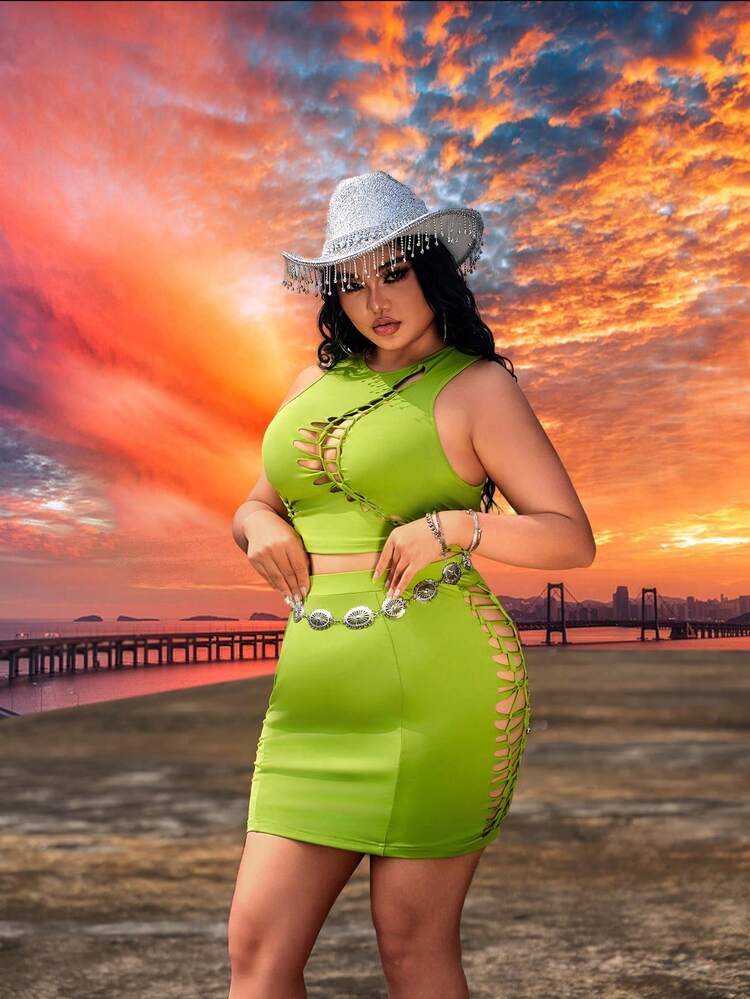 Plus Size Spring Summer Sexy Rave Party Music Festival Country Concert Seamless Solid Color Hollow Out Slim Fit Two Pieces Set