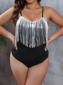 Celure Große Größen bestickter Quasten Patchwork Weich Gestrickt Eleganter Party Bodysuit