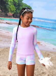 Tween Girl Random Print Raglan Long Sleeve Top And Shorts Tankini Set - Pink - View 1