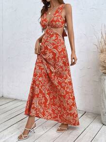 Breezaya Váy ba lỗ in họa tiết cây cỏ dành cho nữ - Màu Cam cháy - Xem 5