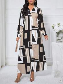 SHEIN Clasi Women's Geometric Pattern Dress Maxi Women Outfit Fall Cloth For Women - Khaki - View 3