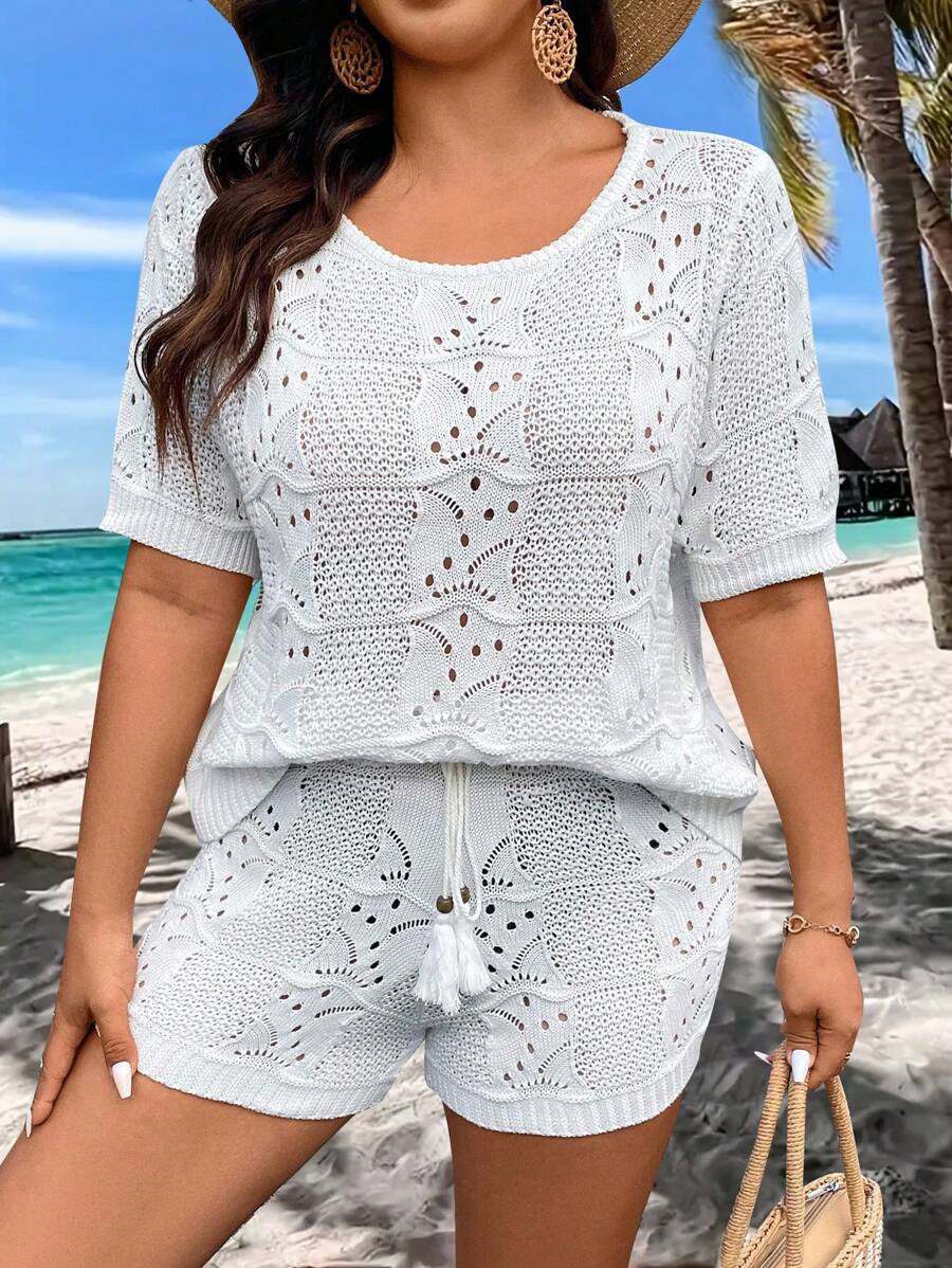 SHEIN Clasi Plus Size Plain Hollow Knit Sweater Set - White - View 1