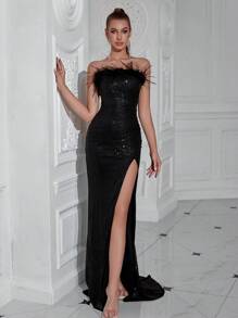 ADYCE 优雅人造羽毛无肩带亮片前开衩露背派对礼服，适合舞会、生日派对、晚宴、约会、返校节派对、婚礼宾客、正式晚宴、家庭聚会等场合 - 黑色 - 查看 1