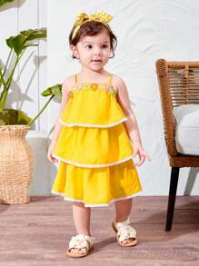 SHEIN Baby Girl Cute Vacation Style Ruffle Trim Floral Pattern Spaghetti Strap Dress