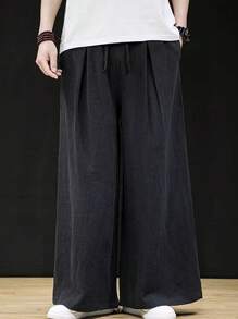 Manfinity RSRT 中式提花寬鬆休閒褲男士低襠寬鬆長褲，色塊純黑色外出穿著 - 黑色 - 查看 4