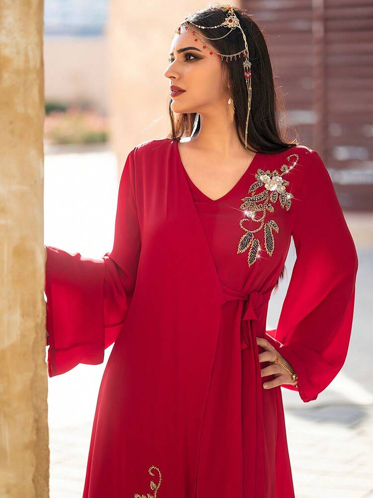 Women's Flared Sleeve Embroidered Fringed Evening Arabian Dress