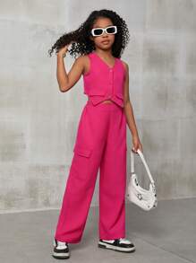 SHEIN Leap Crew Tween Girl's Casual Spring/Summer Plain Woven Sleeveless Top And Pants Set - Hot Pink - View 5
